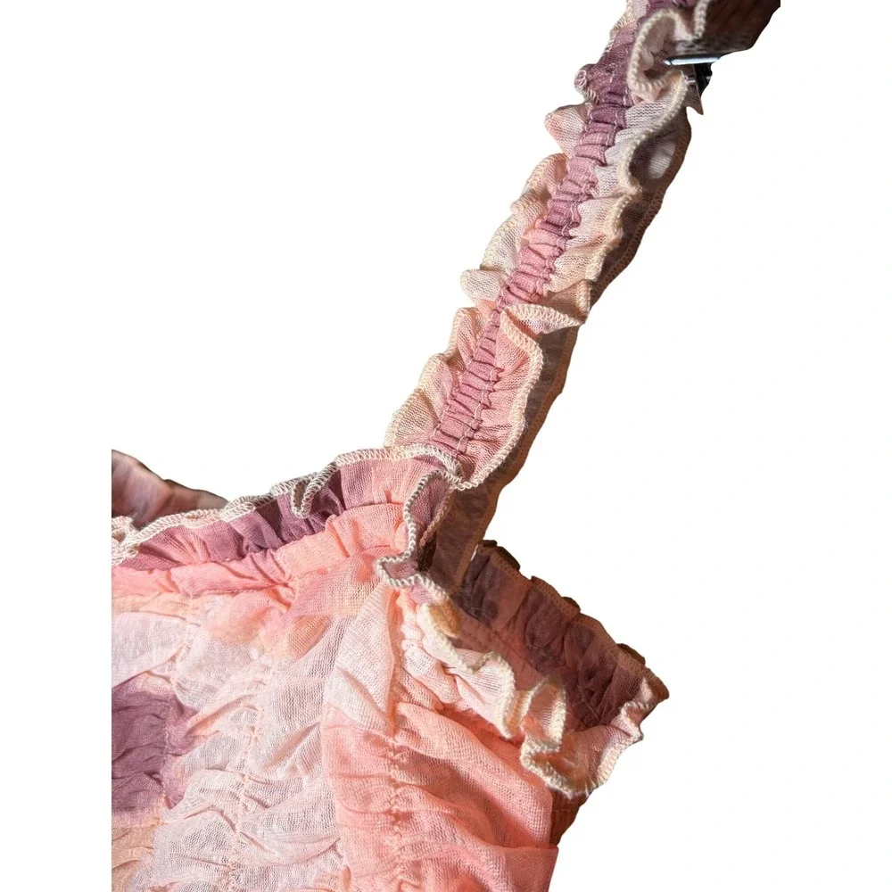 Free People Midi Dress Pink Floral Boho Smocked Mesh‎ Ruffle Sleeveless S